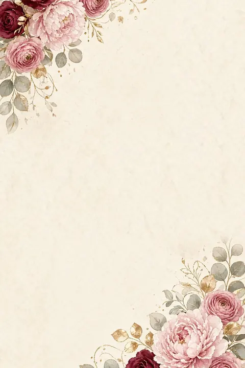Vorlage Blush & Burgund: Bouquets aus Burgund und Pudrarosa mit Eukalyptus auf Creme, oben links und unten rechts. Zweisprachig Türkisch und Deutsch.