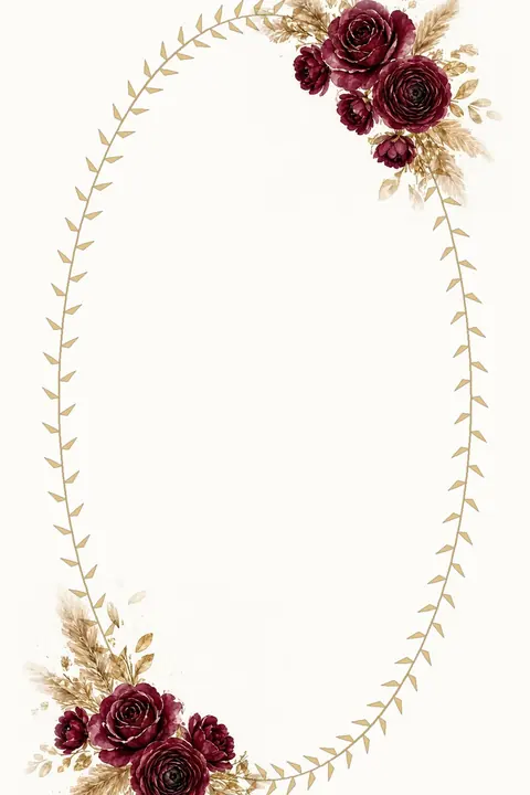 Vorlage Goldkranz: Ein ovaler Kranz aus Goldblättern mit Burgunderrosen und Pampas: festlich und leicht. Zweisprachig Türkisch und Deutsch.
