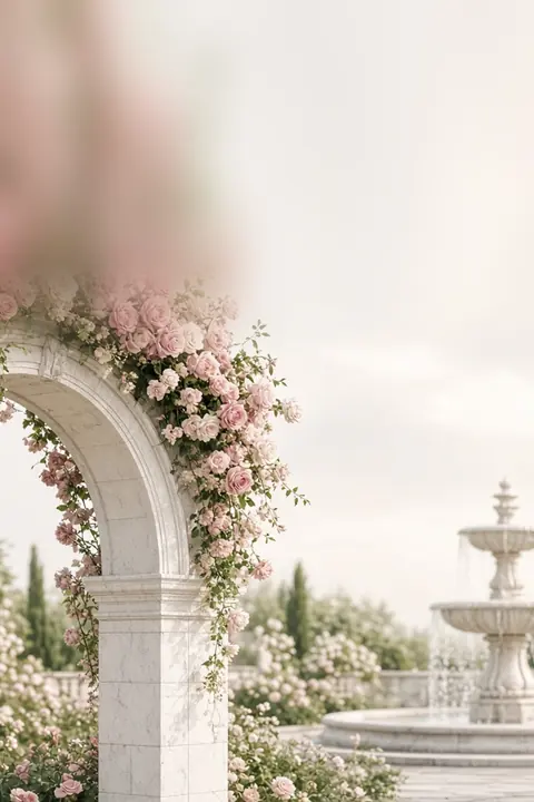 Vorlage Rosengarten: Ein Rosenbogen, ein Brunnen und ein Weg, der zu euch führt.