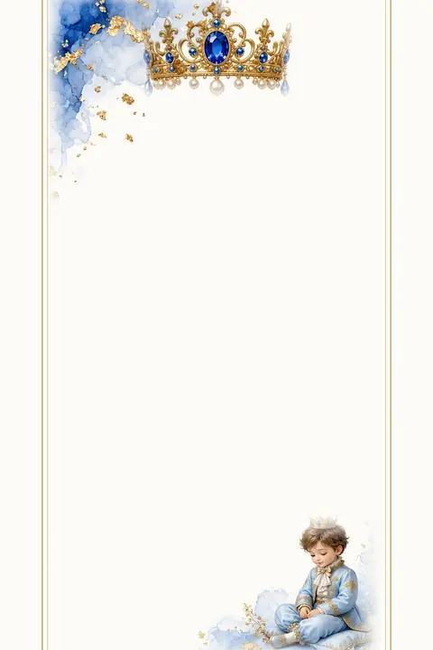 Vorlage Sünnet · Saphirkrone: Aquarell mit Saphirkrone, Blau und Blattgold im Goldrahmen: ein kleiner Prinz auf seinem Kissen. Zweisprachig Türkisch und Deutsch.